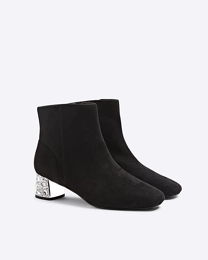 Black Suedette Diamante Block Heeled Boots