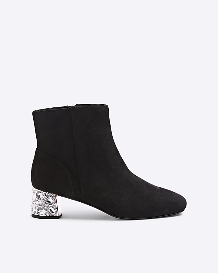 Black Suedette Diamante Block Heeled Boots