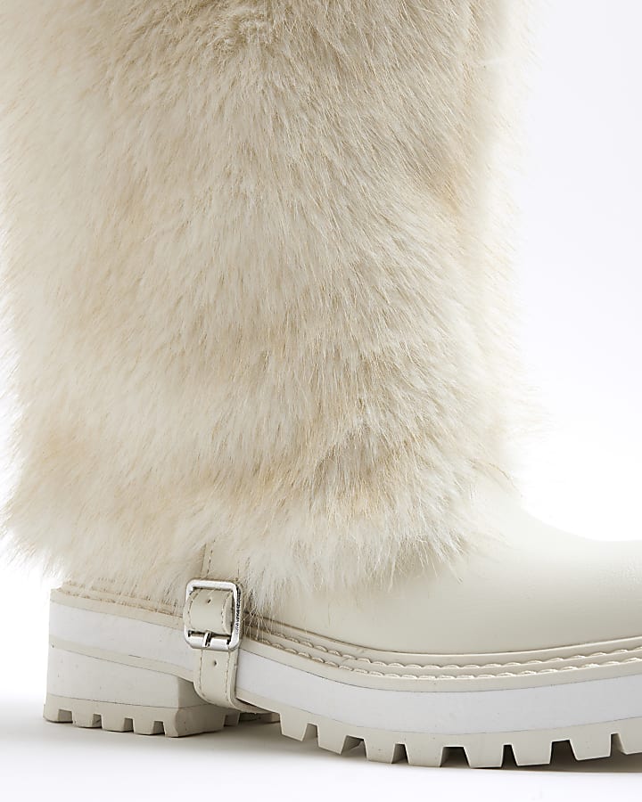 Cream Faux Fur Cuff High Leg Boots