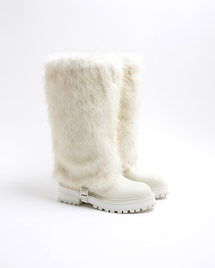 Cream Faux Fur Cuff High Leg Boots