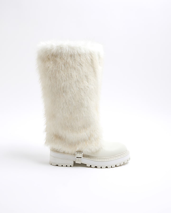 Cream Faux Fur Cuff High Leg Boots