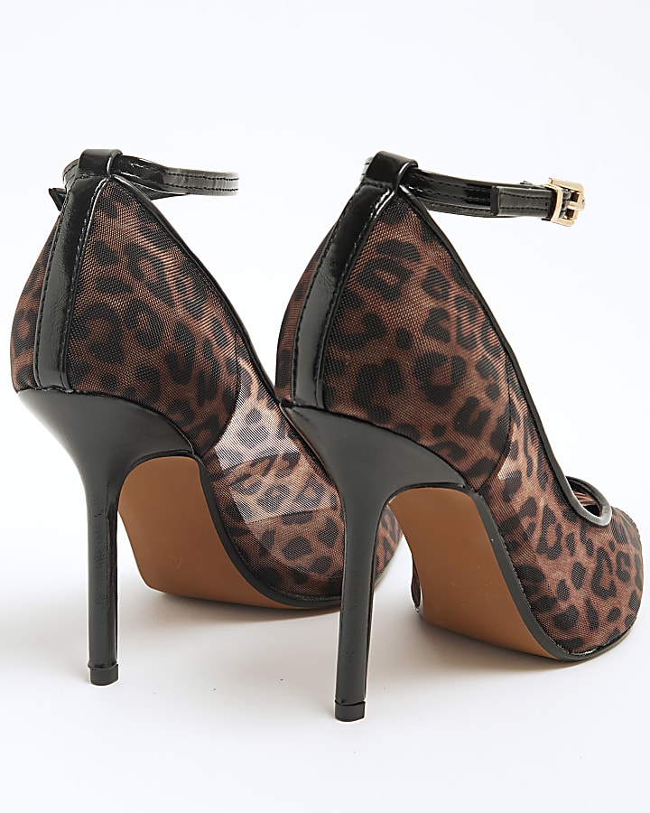 Brown Mesh Leopard Heeled Court Shoes