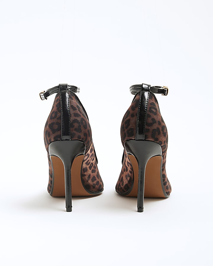 Brown Mesh Leopard Heeled Court Shoes