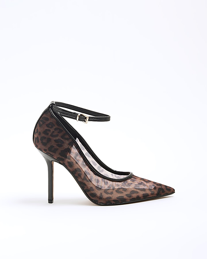 Brown Mesh Leopard Heeled Court Shoes