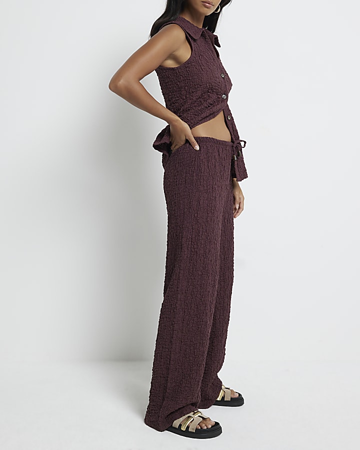 Petite Red Textured Wide Leg Trousers