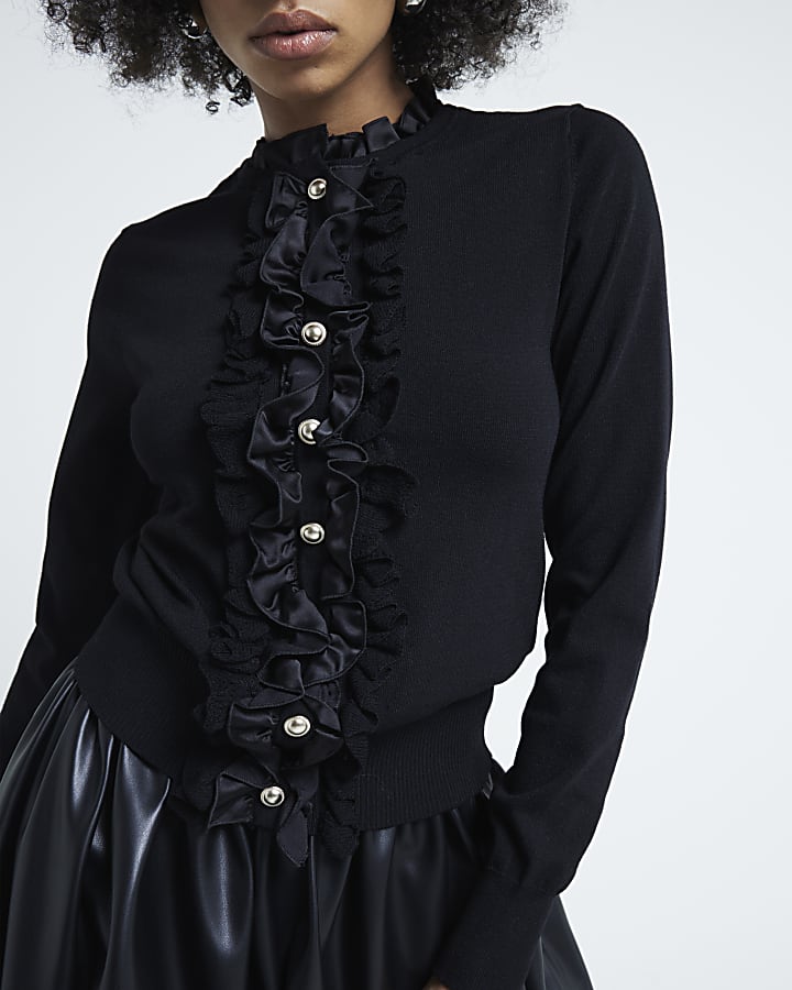 Black Knitted Long Sleeve Ruffle Top