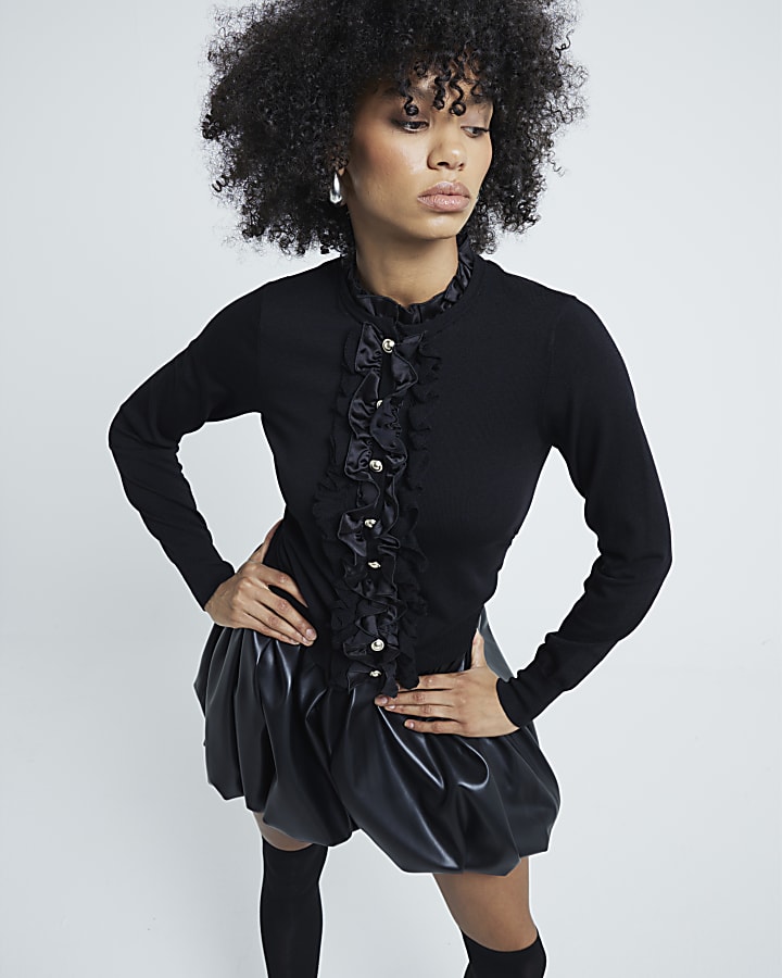 Black Knitted Long Sleeve Ruffle Top