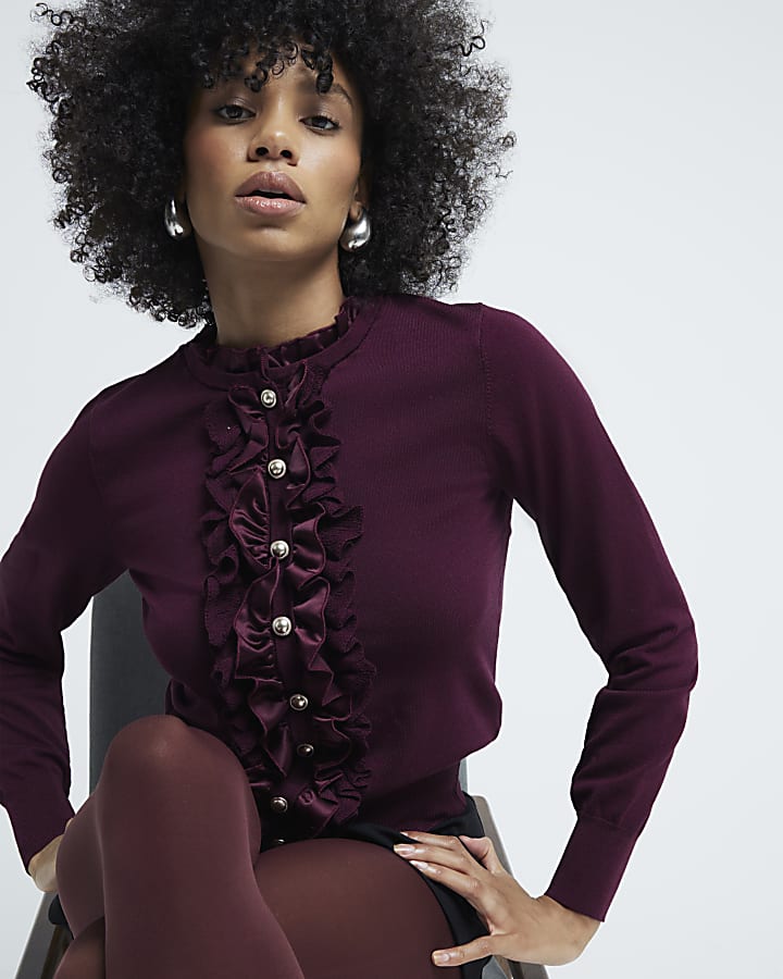 Red Knitted Long Sleeve Ruffle Top