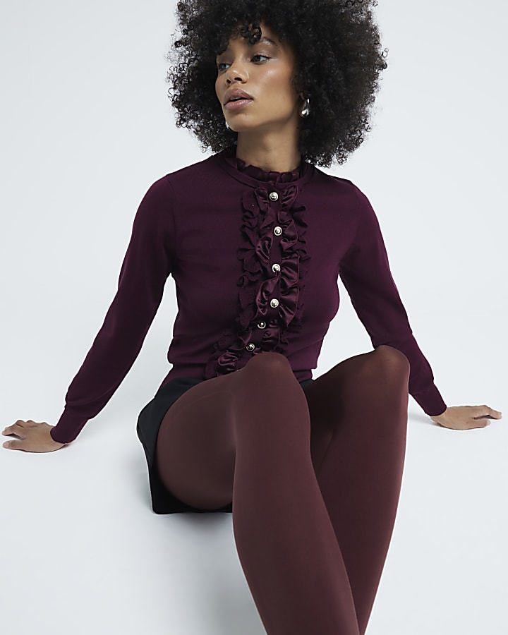 Red Knitted Long Sleeve Ruffle Top