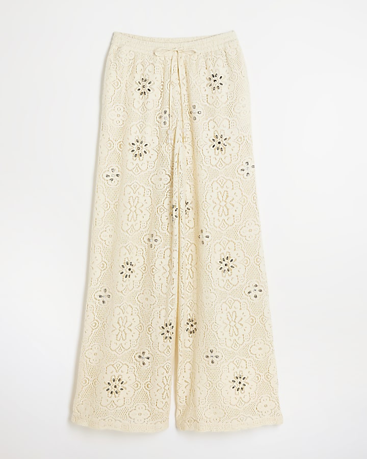 Cream Crochet Lace Wide Leg Trousers