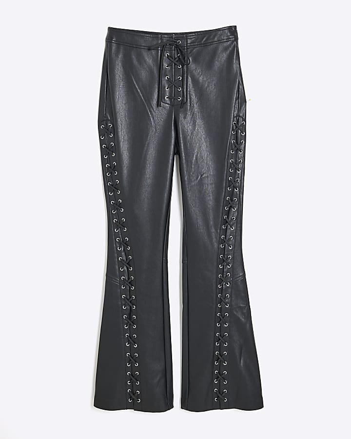 Black Faux Leather Lace Up Western Trousers