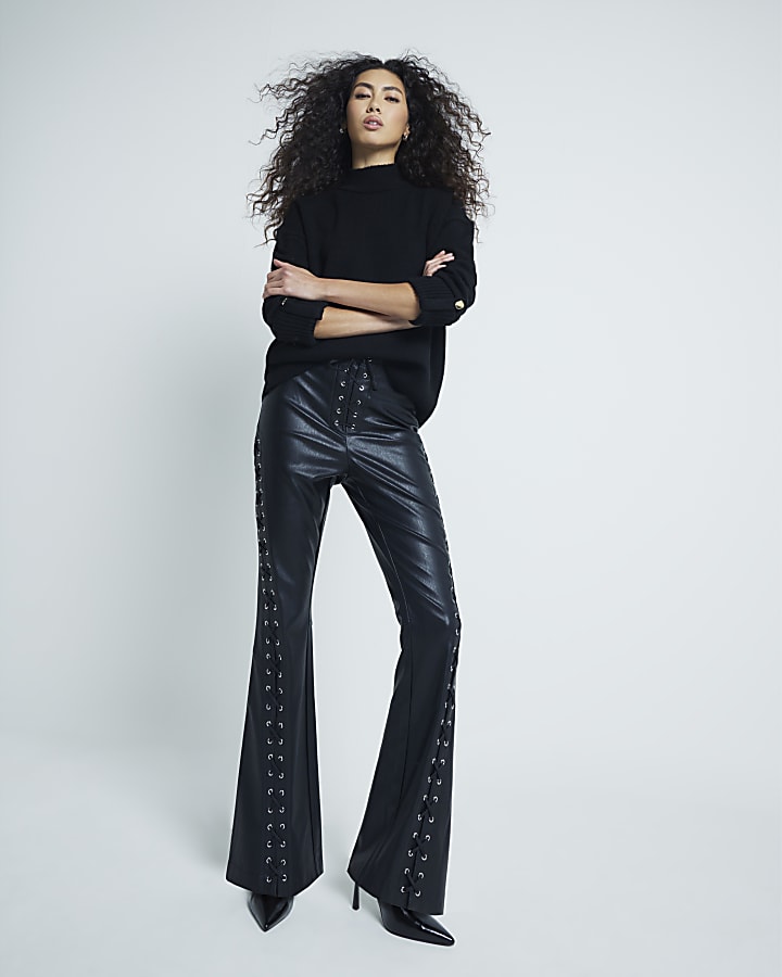 Black Faux Leather Lace Up Western Trousers