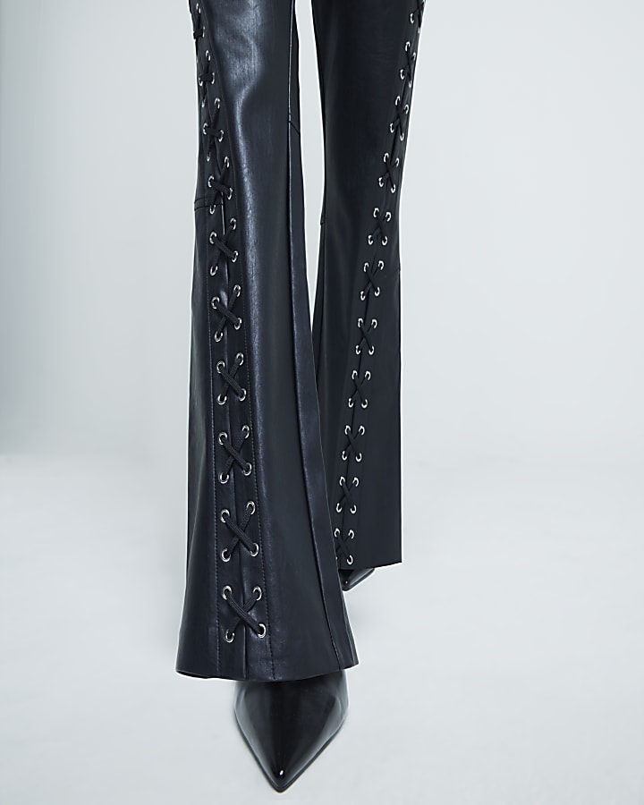 Black Faux Leather Lace Up Western Trousers