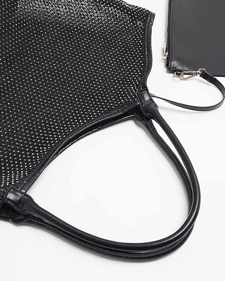 Black Mesh Embellished Shopper Bag