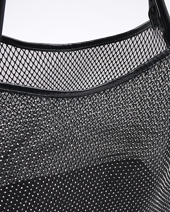 Black Mesh Embellished Shopper Bag