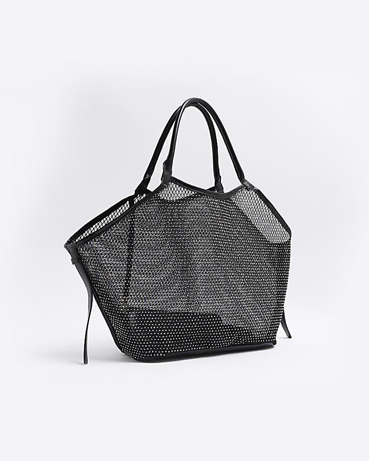 Black Mesh Embellished Shopper Bag