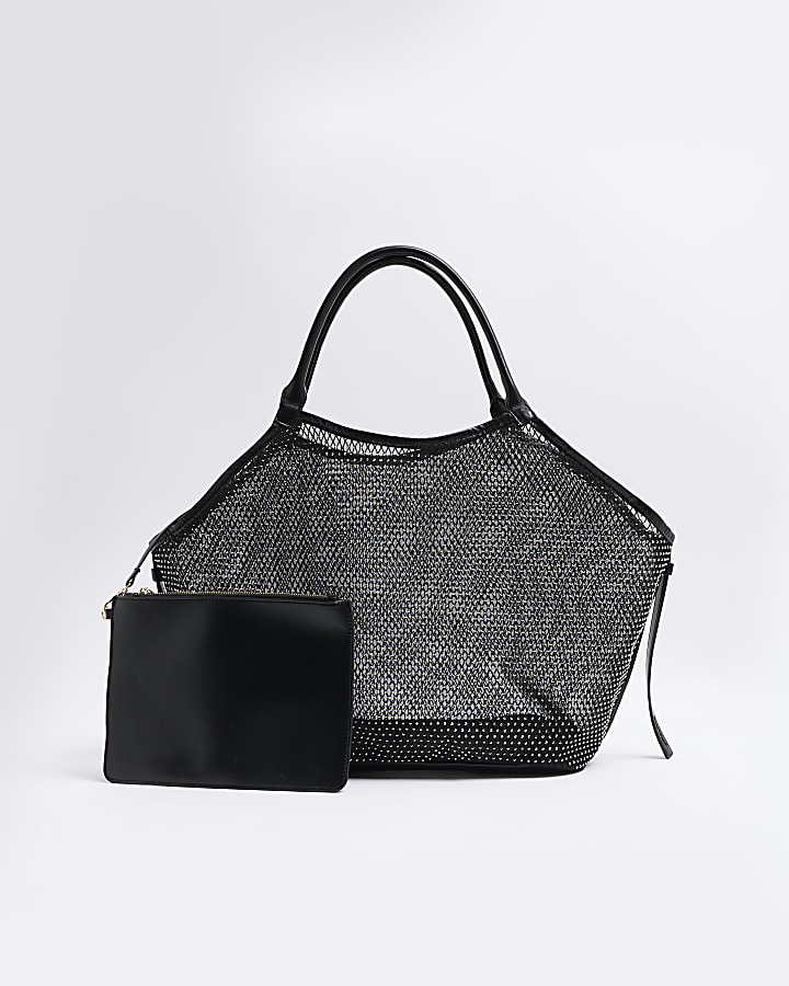 Black Mesh Embellished Shopper Bag