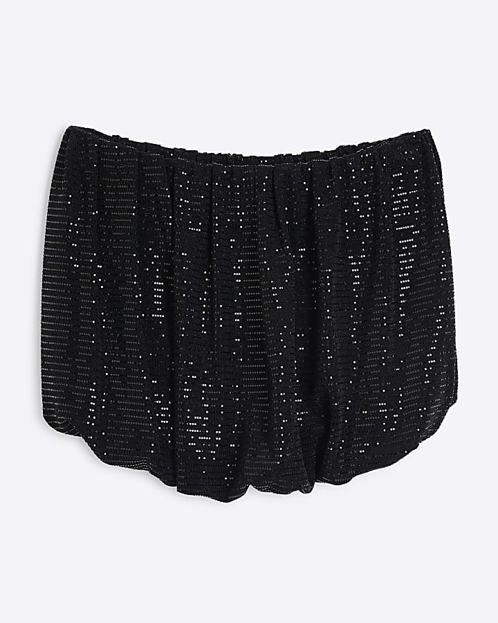 Black Bubble Hem Embellished Bandeau Top