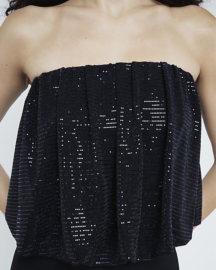 Black Bubble Hem Embellished Bandeau Top