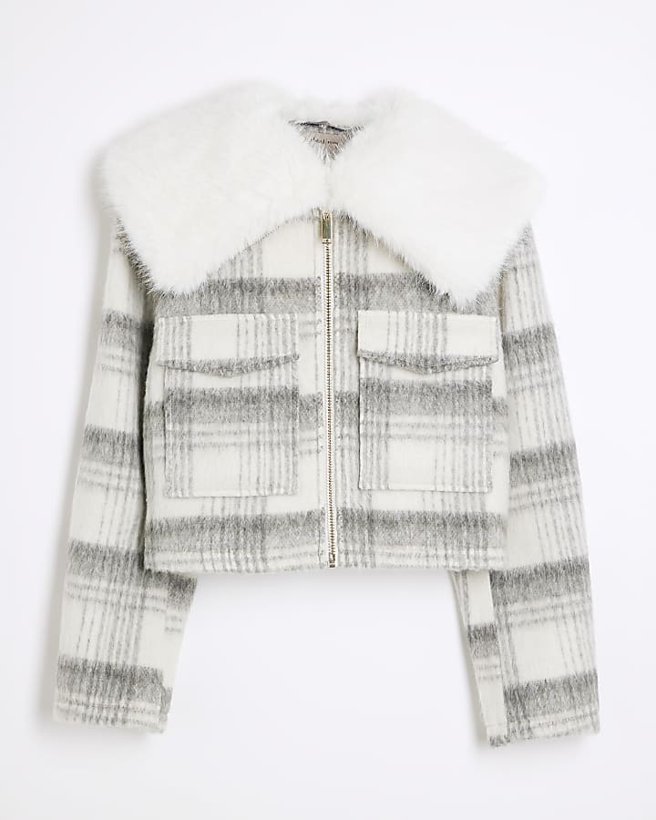 Grey Check Faux Fur Collar Crop Jacket