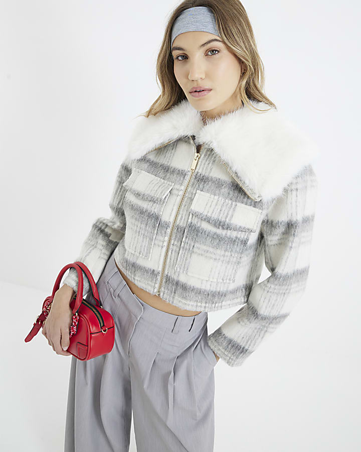 Grey Check Faux Fur Collar Crop Jacket