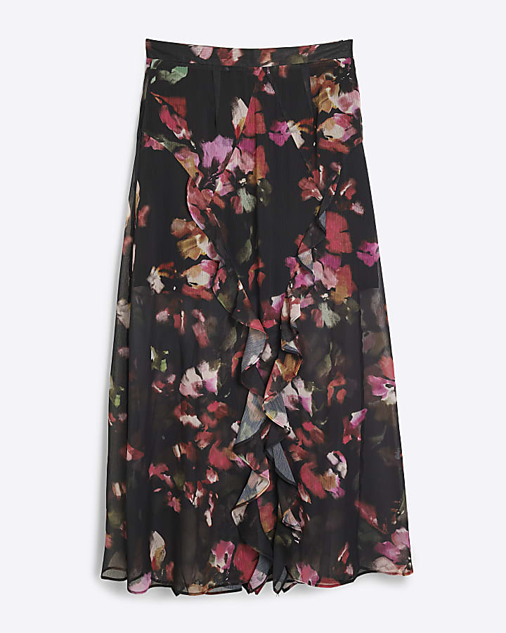 Petite Black Chiffon Floral Ruffle Maxi Skirt