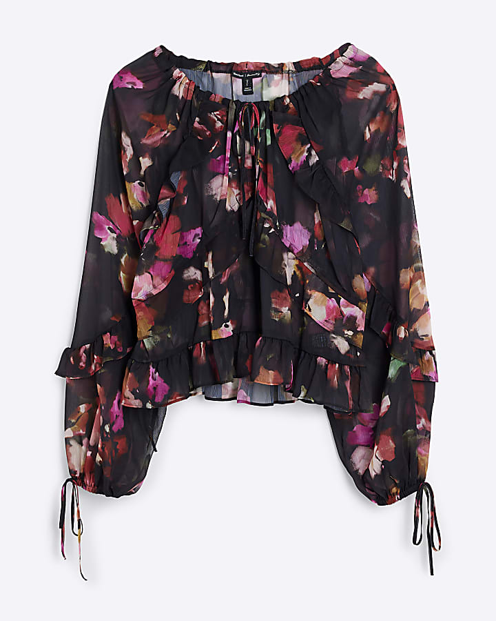 Petite Black Chiffon Floral Ruffle Blouse