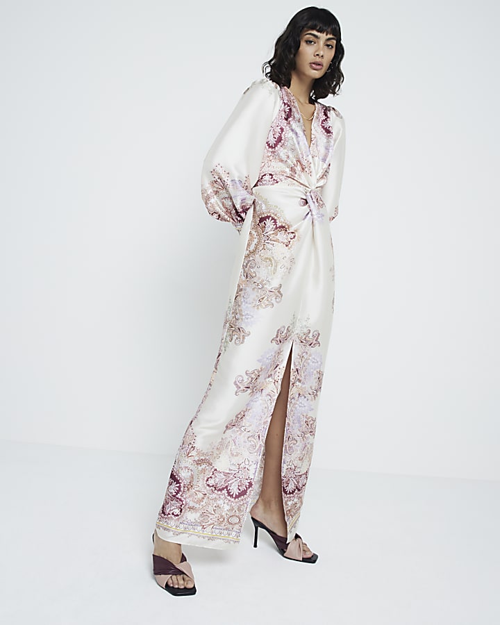 Cream satin paisley twist swing maxi dress