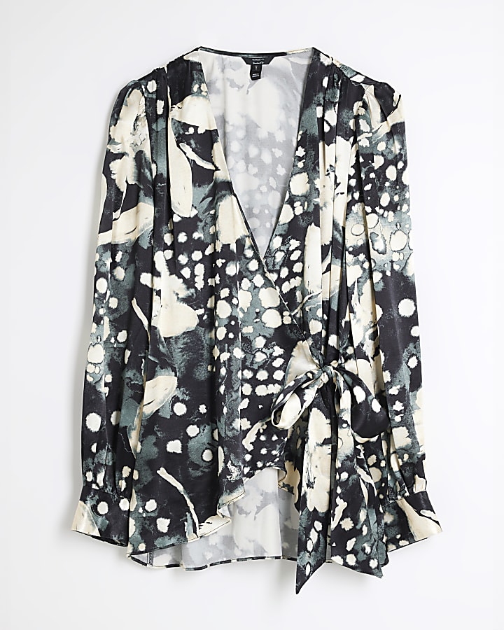 Black Long Sleeve Printed Wrap Blouse