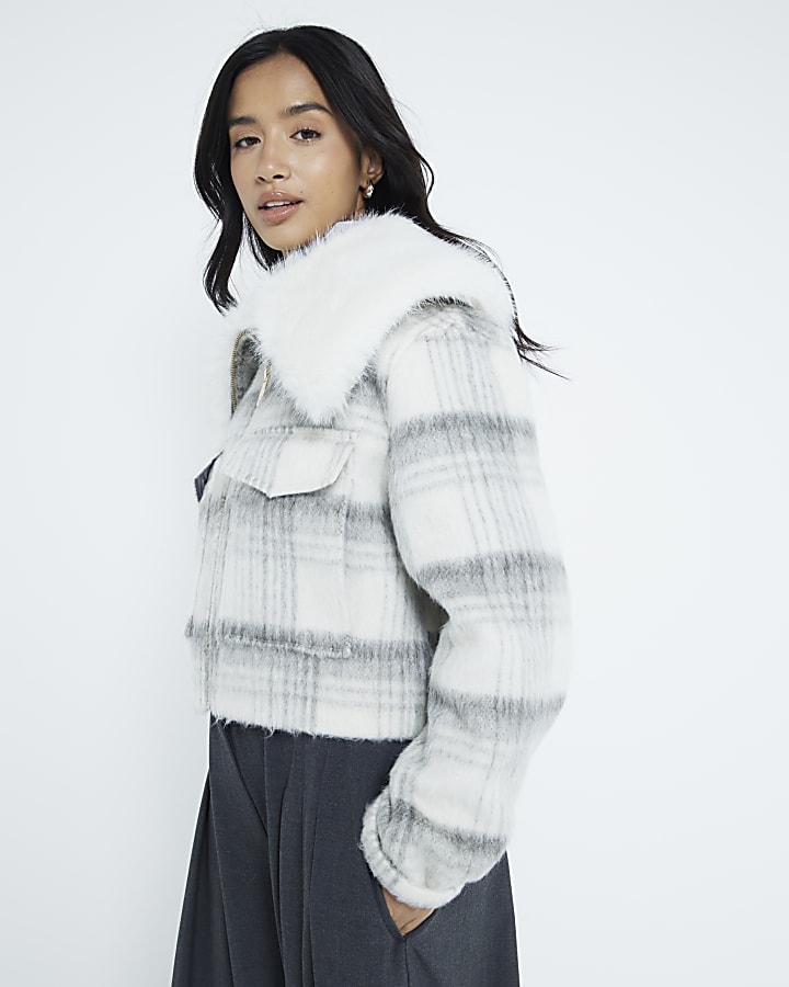 Petite Grey Check Faux Fur Collar Crop Jacket