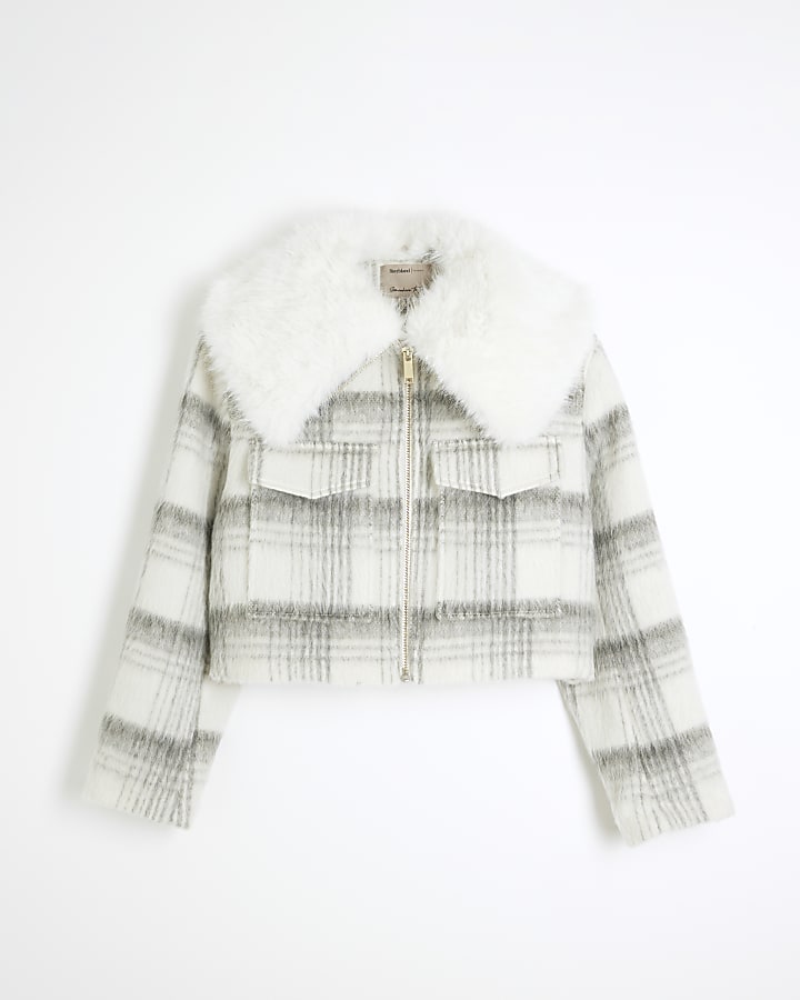 Petite Grey Check Faux Fur Collar Crop Jacket