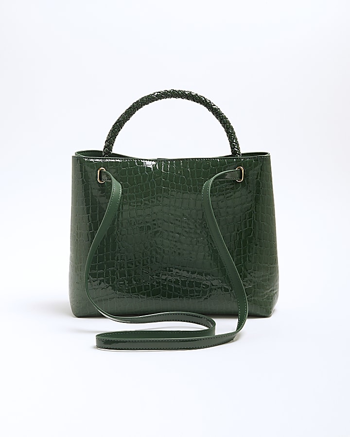 Green Croc Print Embossed Buckle Tote Bag