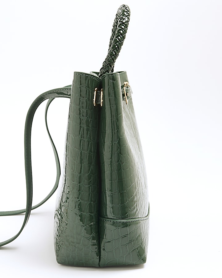 Green Croc Print Embossed Buckle Tote Bag