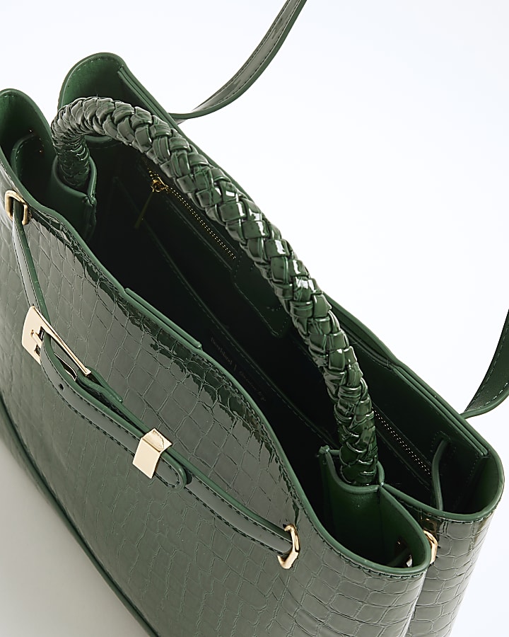 Green Croc Print Embossed Buckle Tote Bag