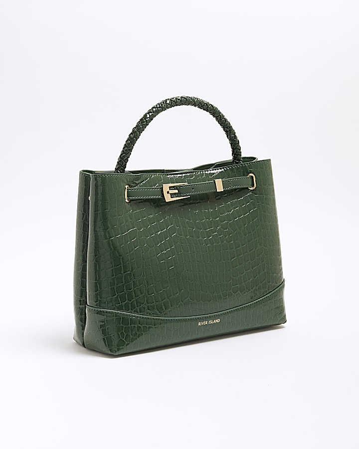 Green Croc Print Embossed Buckle Tote Bag