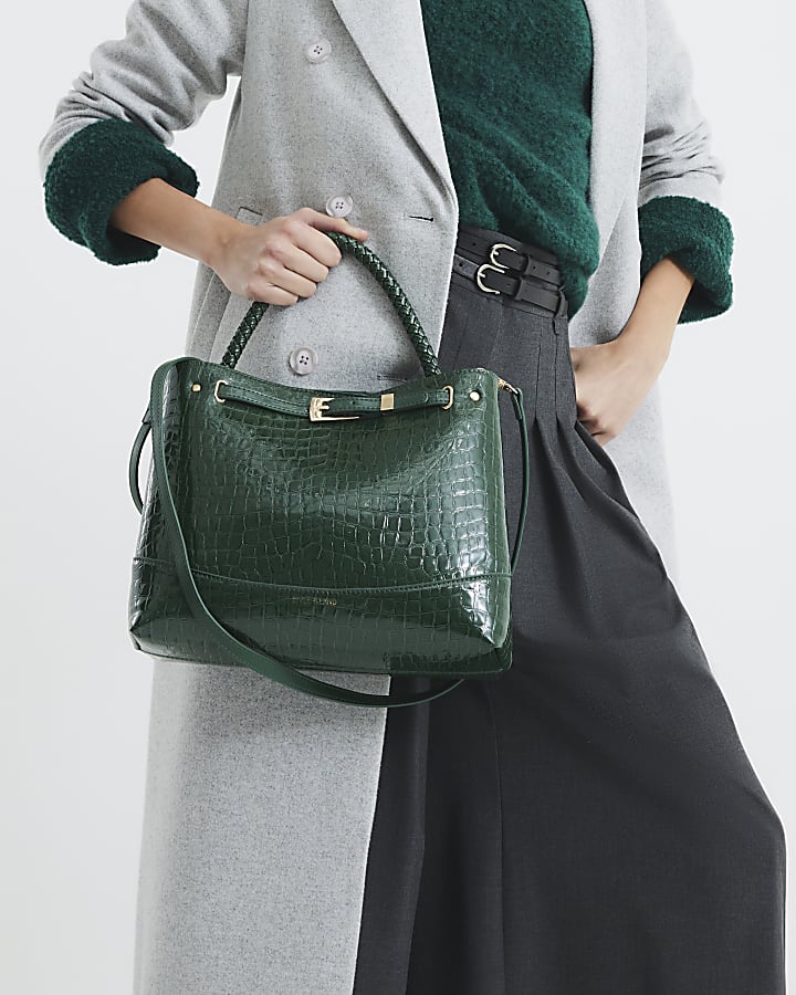 Green Croc Print Embossed Buckle Tote Bag