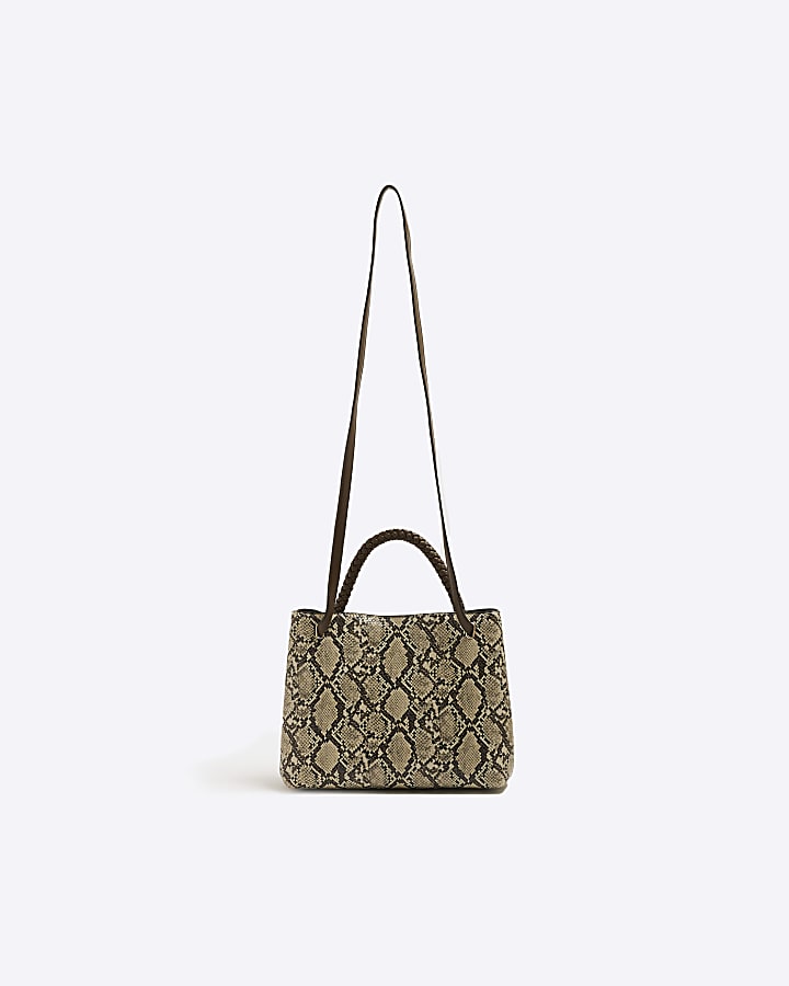 Beige Snake Skin Print Buckle Tote Bag