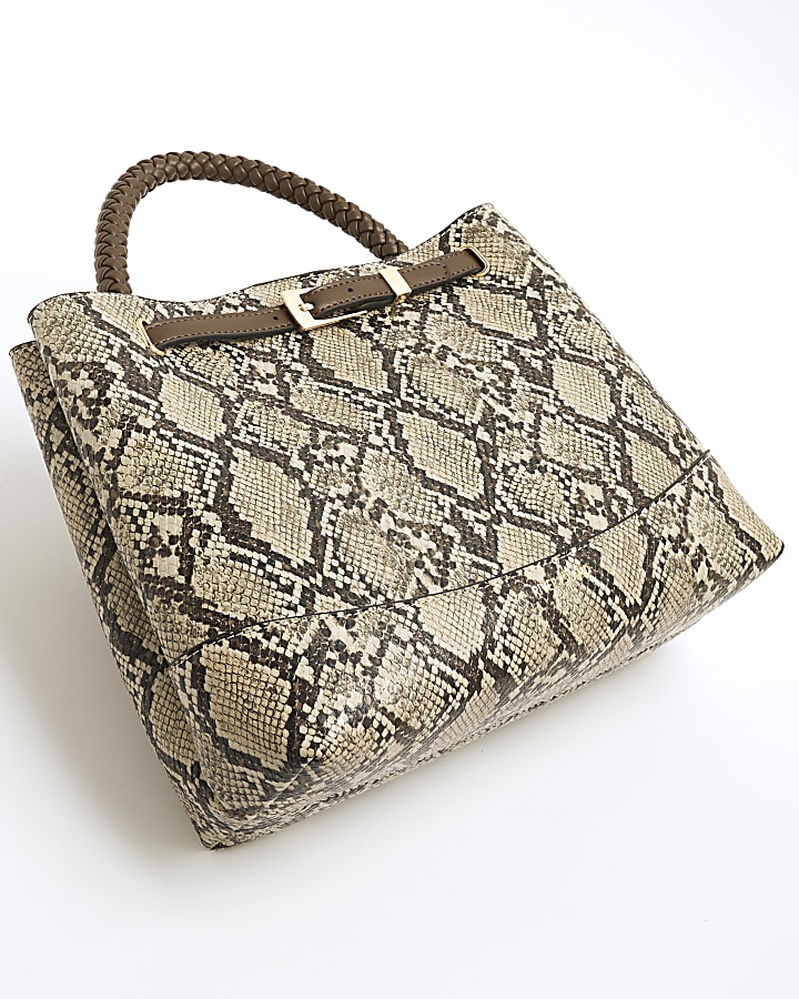 Beige Snake Skin Print Buckle Tote Bag