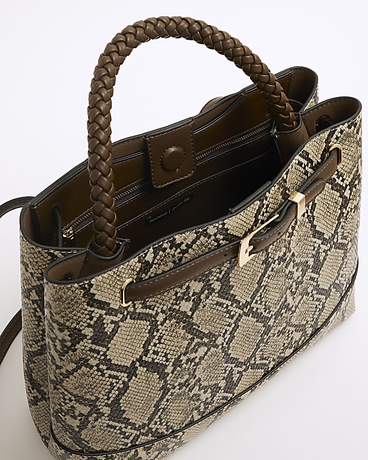 Beige Snake Skin Print Buckle Tote Bag