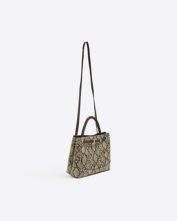 Beige Snake Skin Print Buckle Tote Bag