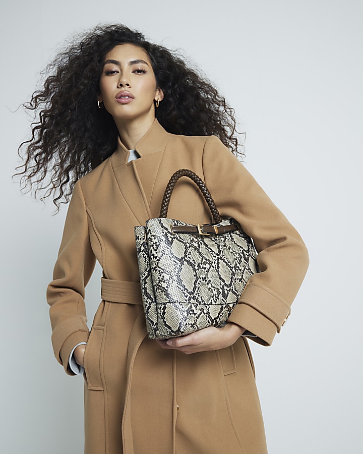 Beige Snake Skin Print Buckle Tote Bag