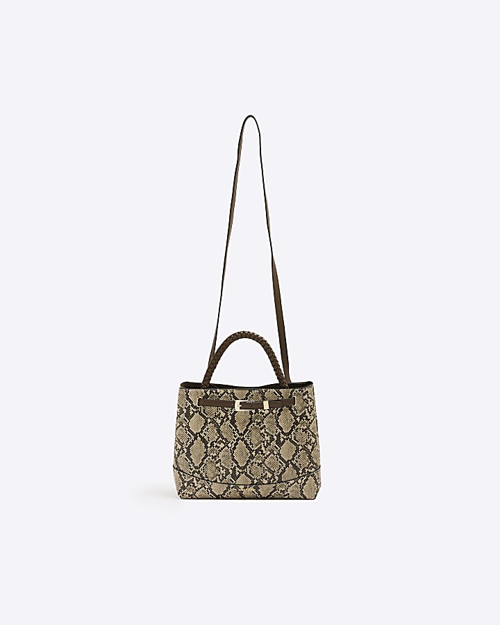 Beige Snake Skin Print Buckle Tote Bag