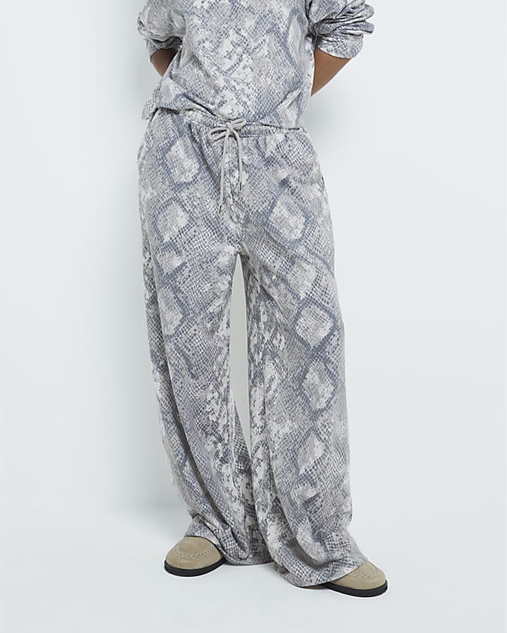 Petite Grey Snake Print Wide Leg Joggers