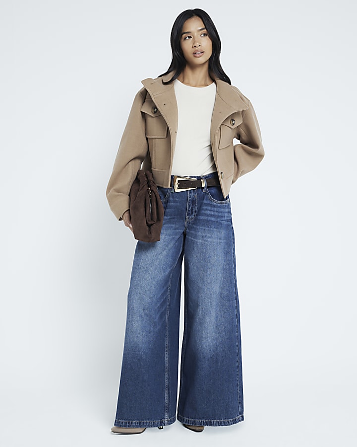 Petite Brown Funnel Neck Cropped Jacket