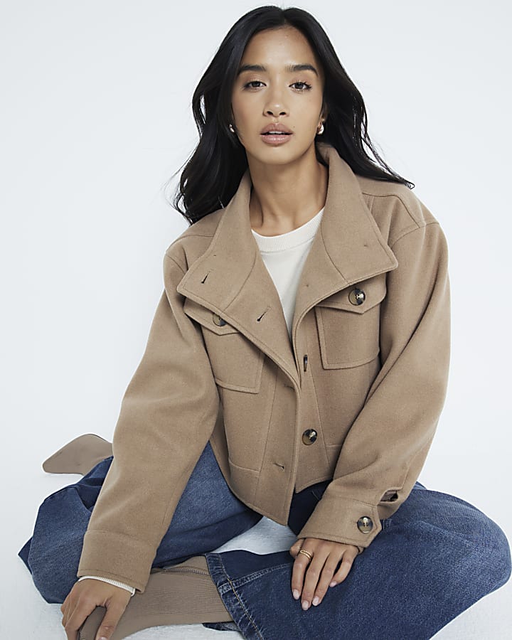 Petite Brown Funnel Neck Cropped Jacket