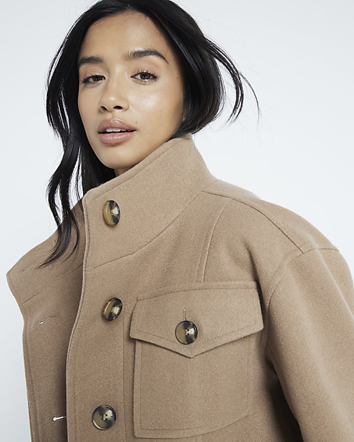 Petite Brown Funnel Neck Cropped Jacket