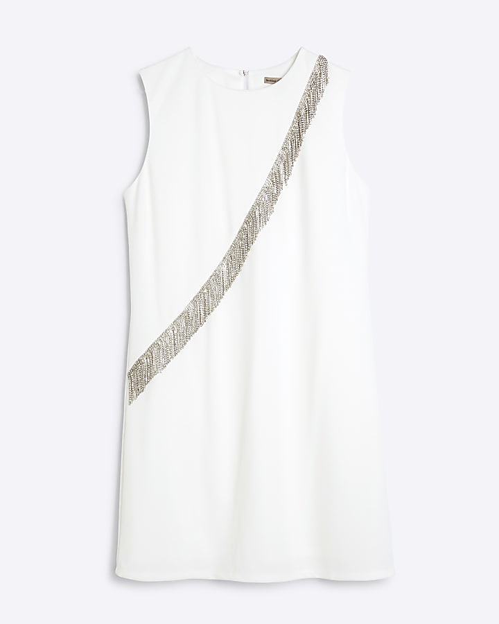 White Diamante Fringe Trim Mini Shift Dress