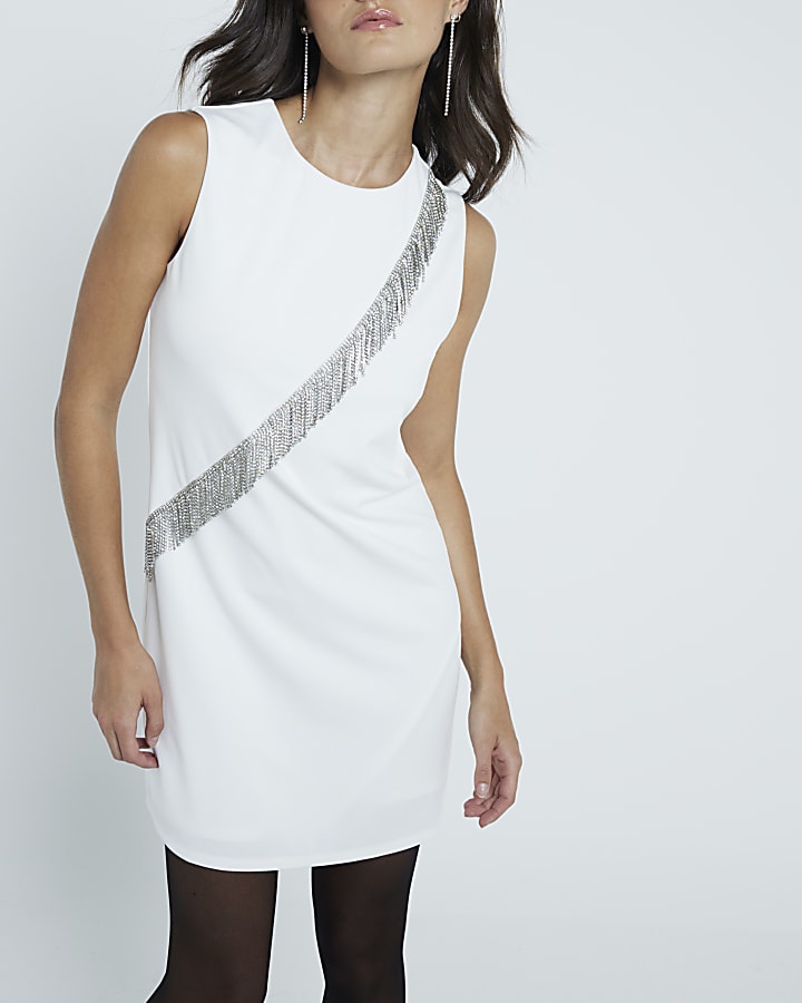 White Diamante Fringe Trim Mini Shift Dress