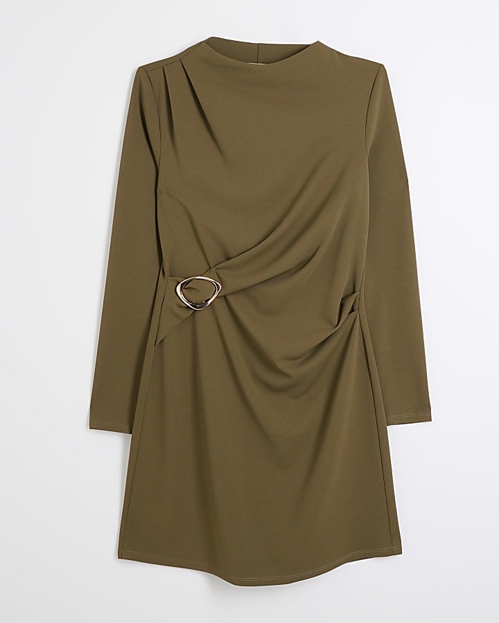 Khaki drape buckle shift dress