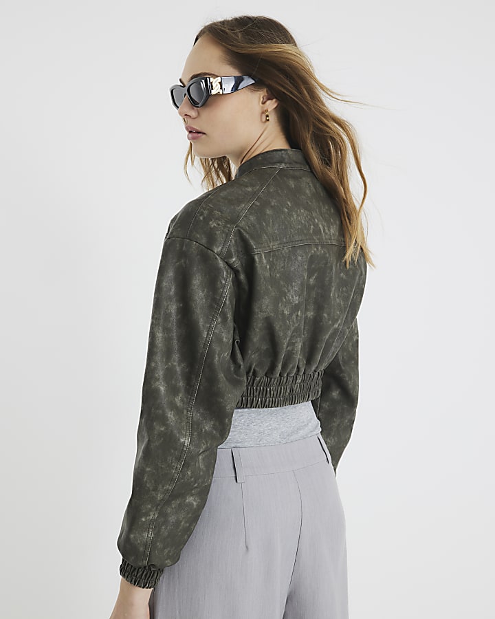 Grey Faux Leather Cropped Bomber Jacket